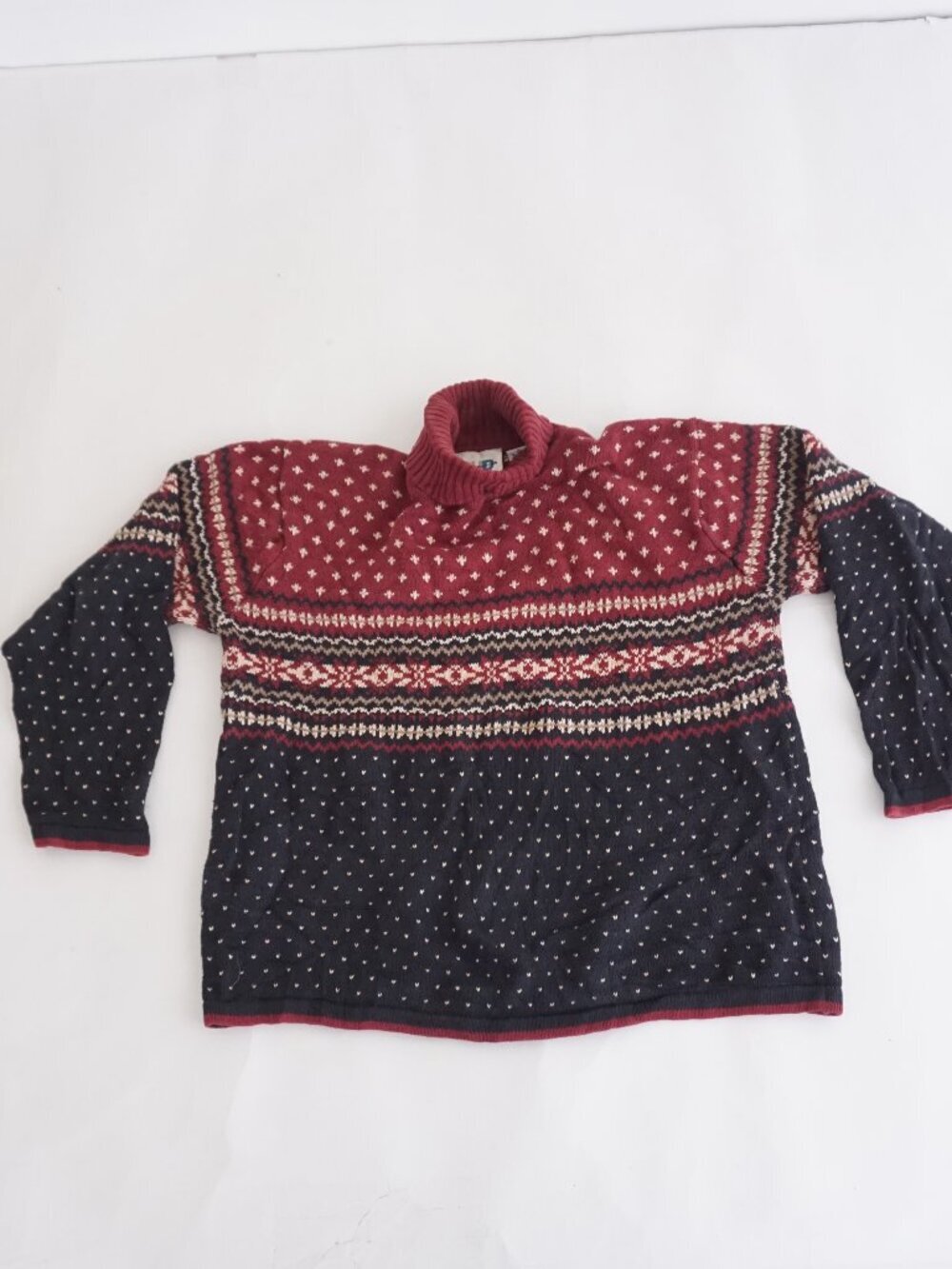 Vintage Paul Harris Red Navy Fair Isle Nordic Turtleneck Knit Sweater Holiday XL